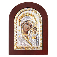 Икона греческая Божией Матери "Казанская", арочной формы на темной деревянной основе, металлический 
