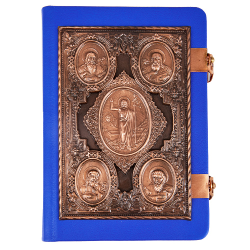 Евангелие требное среднее синее, оклад "под бронзу", кожа, 17х22 см фото 10