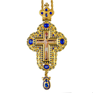 Крест наперсный с цепью, цинковый сплав, камни, 7,5х16 см (синие камни)
