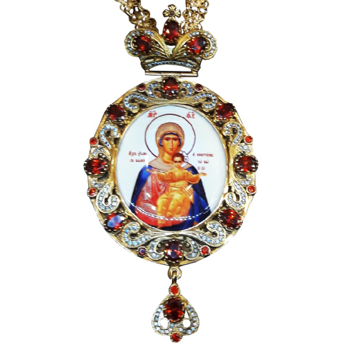 Панагия из ювелирного сплава в позолоте с цепью, голубые и белые фианиты, высота 14 см фото 2 Панагия из ювелирного сплава в позолоте с цепью, голубые и белые фианиты, высота 14 см фото 2