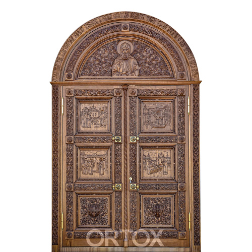 Храмовая дверь с резными иконами, 350х210 см