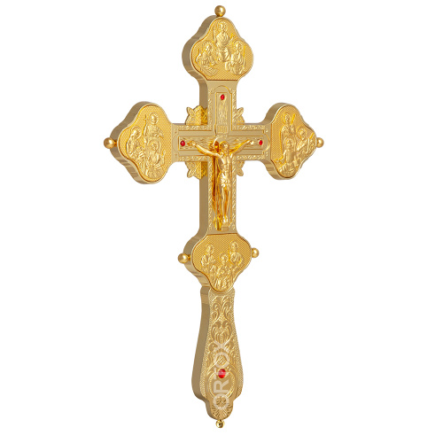 Крест напрестольный латунный, гравировка, камни, цвет "под золото" фото 3