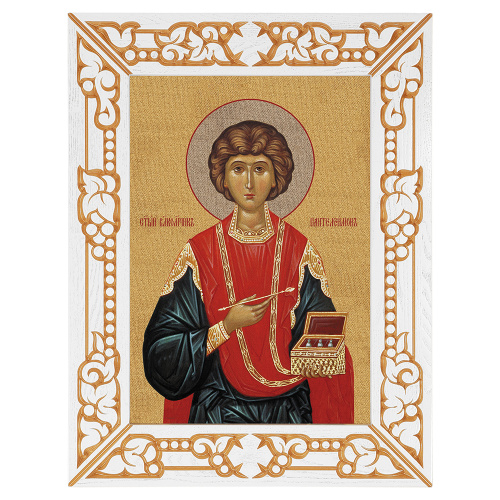 Икона великомученика и целителя Пантелеимона, в узкой резной раме, белая с золотом (патина), холст с золочением, ширина рамы 7 см фото 2