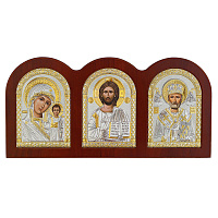 Икона-триптих греческая с ликами Спасителя, Божией Матери и свт. Николая Чудотворца, на темной деревянной основе, металлический оклад, 23х11,5 см