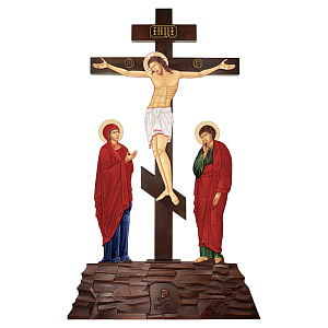 Крест-голгофа напольная с предстоящими, цветная печать, резьба (высота 220 см)