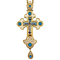 Крест наперсный латунный в позолоте и серебрении с цепью, фианиты, 7,5х16 см