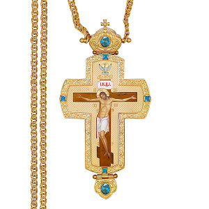 Крест наперсный из ювелирного сплава в позолоте с цепью, деколь, фианиты, 8х15,5 cм (голубые фианиты)