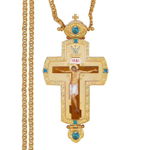 Крест наперсный из ювелирного сплава в позолоте с цепью, деколь, фианиты, 8х15,5 cм фото 2