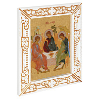 Икона Святой Троицы, в узкой резной раме, белая с золотом (патина), холст с золочением, ширина рамы 7 см
