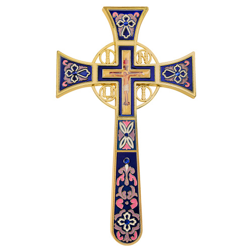 Крест требный четырехконечный, цинковый сплав, синяя эмаль, камни, 17х29 см, У-1318