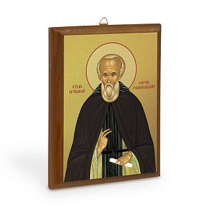 Икона преподобного Сергия Радонежского на деревянной основе, цвет "кипарис", на холсте с золочением (6,5х9 см (под икону А8))