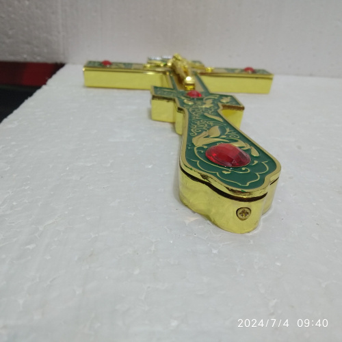 Крест напрестольный / требный, зеленая эмаль, красные камни, 14х26 см, №2, У 55-0021 фото 9