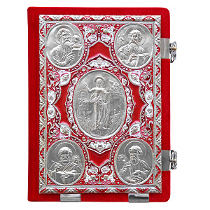 Евангелие напрестольное красное, оклад "под серебро", бархат, эмаль, 24х31см (церковно-славянский язык)