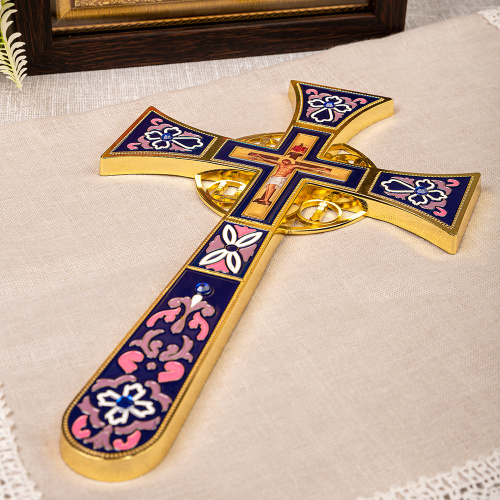 Крест требный четырехконечный, цинковый сплав, синяя эмаль, камни, 17х29 см фото 3