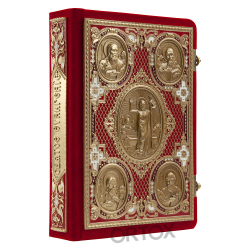 Евангелие требное среднее красное, оклад "под золото", бархат, 17х22 см фото 4