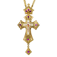 Крест наперсный латунный, позолота, фиолетовые камни, 7,5х17 см