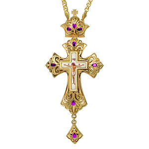 Крест наперсный латунный, позолота, фиолетовые камни, 7,5х17 см (без цепи)
