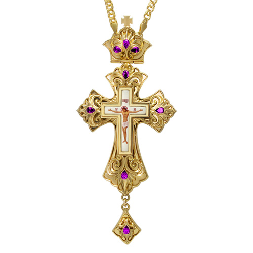 Крест наперсный из ювелирного сплава, позолота, фиолетовые камни, 7,5х17 см