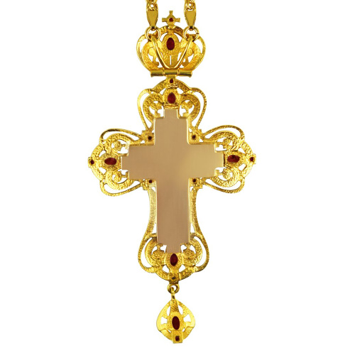 Крест наперсный из ювелирного сплава в позолоте с цепью, патинирование, фианиты, 7,5х15 см фото 2
