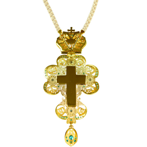 Крест наперсный из ювелирного сплава в позолоте с цепью, голубые фианиты, 6,5х15 см фото 3 Крест наперсный из ювелирного сплава в позолоте с цепью, голубые фианиты, 6,5х15 см фото 3