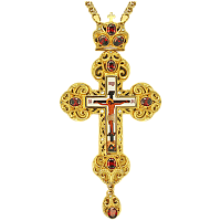 Крест наперсный латунный, позолота, красные фианиты, высота 16 см.