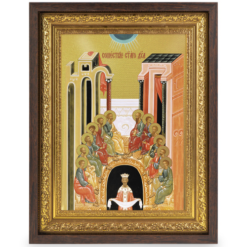 Икона Сошествия Святого Духа, в широком багете, цвет "темный дуб", на холсте, с золочением фото 2