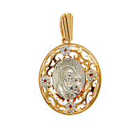 Образок серебряный с ликом Божией Матери "Казанская", позолота, родирование, с фианитами