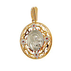 Образок серебряный с ликом Божией Матери "Казанская", позолота, родирование, с фианитами (красные фианиты)
