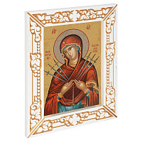 Икона Божией Матери "Умягчение злых сердец", в узкой резной раме, белая с золотом (патина), холст с золочением, ширина рамы 7 см