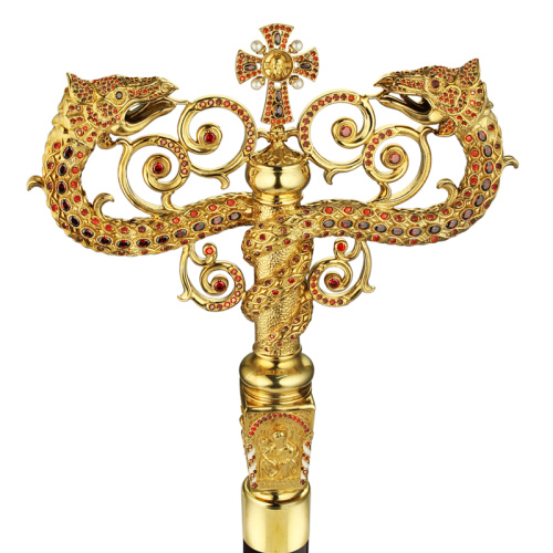 Жезл архиерейский из ювелирного сплава в позолоте, фианиты и жемчуг фото 2