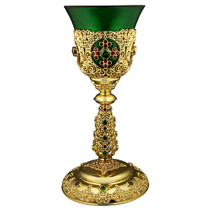Лампада напрестольная из ювелирного сплава в позолоте с фианитами (зеленый стаканчик)