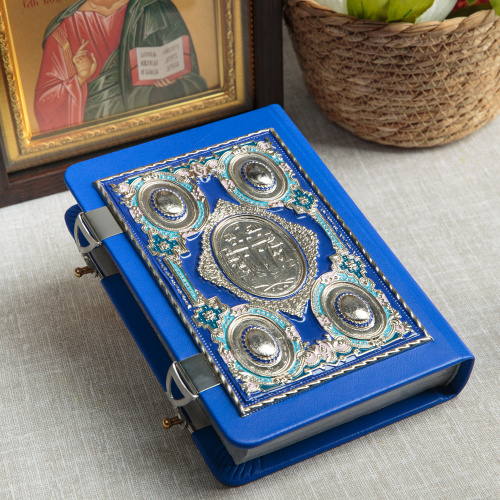 Евангелие требное среднее синее, оклад "под серебро", кожа, эмаль, 17х22 см фото 3