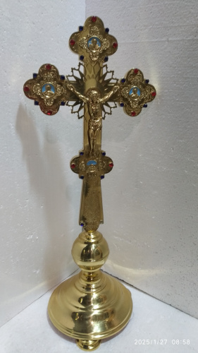 Крест настольный с подставкой, латунь, фианиты, эмаль, 28х68 см, №2, У 3-1841 фото 2