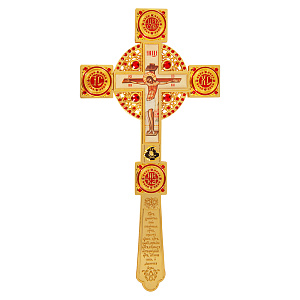Крест напрестольный / требный, цинковый сплав, цвет "под золото", красные камни, 16х31,5 см (металл)
