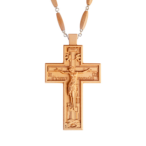 Крест наперсный протоиерейский деревянный светлый резной, с цепью, 7х12 см фото 4