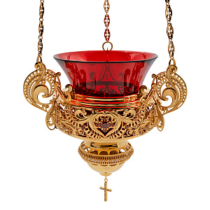 Лампада подвесная из ювелирного сплава в позолоте с камнями, 16х19 см (красный стаканчик)
