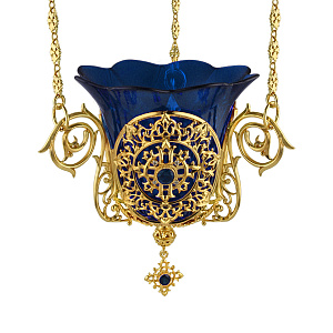 Лампада подвесная из ювелирного сплава в позолоте с камнями, 15х12 см (синий стаканчик)