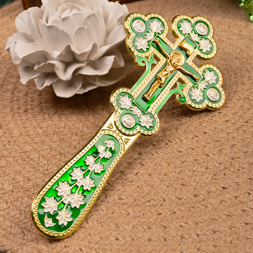 Крест требный, цинковый сплав, зеленая и белая эмаль, 7,5х17 см фото 3
