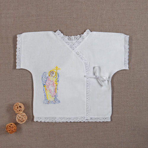 Крестильный набор из трех предметов: пеленка, распашонка, чепчик, размер 56-62 см, вышивка с ангелом фото 3