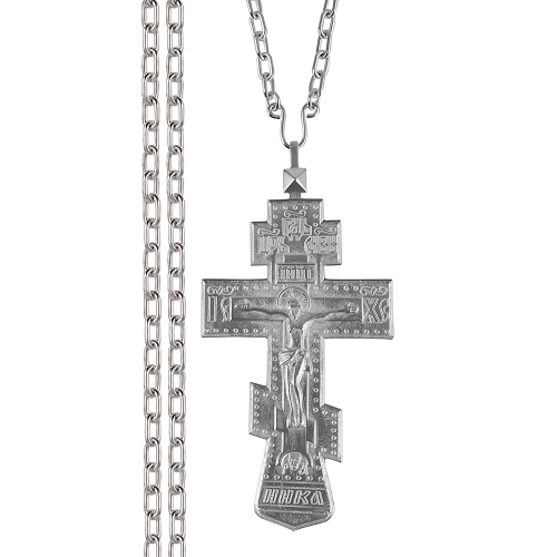 Крест наперсный латунный в серебрении, с цепью, 6х12 см фото 2