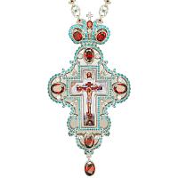 Крест наперсный серебряный, с украшениями, красные фианиты, высота 18 см