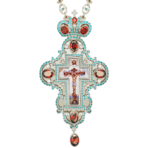 Крест наперсный серебряный с украшениями, красные фианиты, высота 18 см (вес 300,3 г)