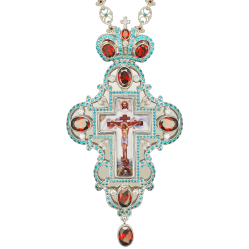 Крест наперсный серебряный, с украшениями, красные фианиты, высота 18 см