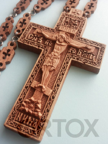 Крест наперсный деревянный резной с цепью, 7х12 см фото 4