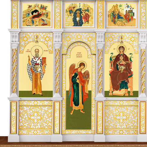 Иконостас деревянный резной "Владимирский" пятиярусный белый с золотом (патина), 690х860х45 см фото 6 Иконостас деревянный резной "Владимирский" пятиярусный белый с золотом (патина), 690х860х45 см фото 6