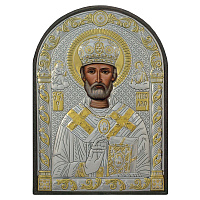 Икона греческая святителя Николая Чудотворца, арочной формы на пластиковой основе, металлический оклад, 9,6х13,8 см