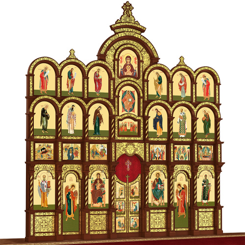 Иконостас деревянный резной "Владимирский" четырехъярусный, цвет "кипарис" с золотом (поталь), 690х730х45 см