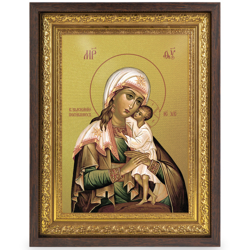 Икона Божией Матери "Взыскание погибших", в широком багете, цвет "темный дуб", на холсте, с золочением фото 2