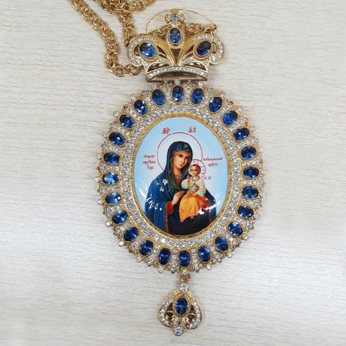 Панагия из ювелирного сплава в позолоте с цепью, с фианитами, высота 16 см фото 2