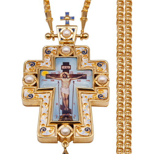 Крест наперсный из ювелирного сплава в позолоте с цепью, эмаль, 6,9х15 см фото 2 Крест наперсный из ювелирного сплава в позолоте с цепью, эмаль, 6,9х15 см фото 2